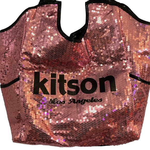 Kitson Los Angeles Pink Sequin Black Trim Tote Bag - Picture 2 of 9
